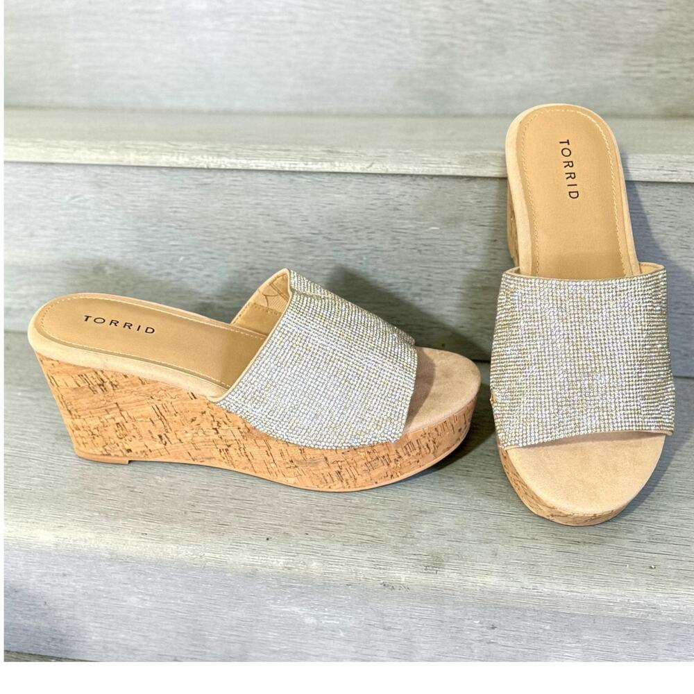 Torrid Rhinestone Cork Wedge Sandals Slides Silver Sparkle 9.5WW‎ 9.5 Wide New